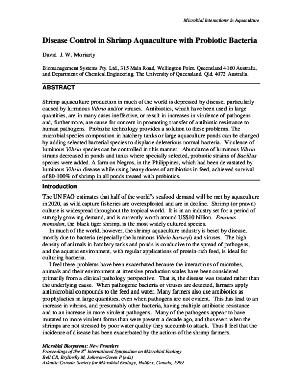 (PDF) Disease control in shrimp aquaculture with probiotic bacteria