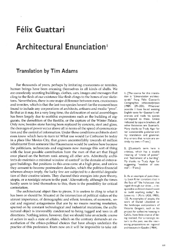 (PDF) Felix Guattari, Architectural Enunciation, translated by Tim Adams