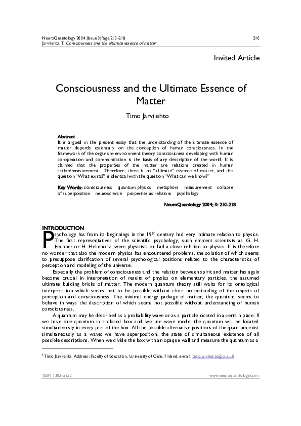 (PDF) Consciousness and the Ultimate Essence of Matter