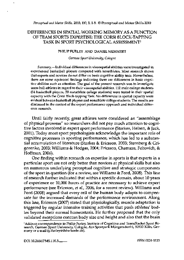 (PDF) DIFFERENCES IN SPATIAL WORKING MEMORY AS A FUNCTION OF TEAM ...