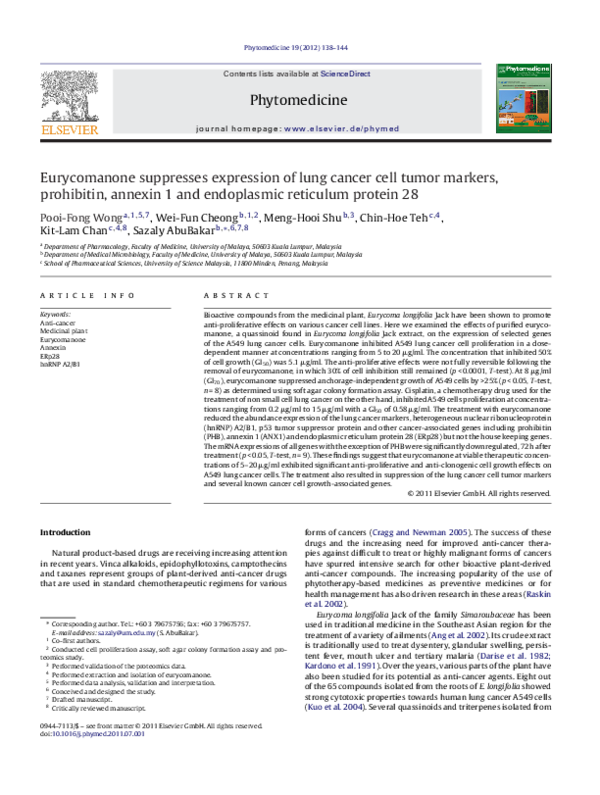 (PDF) Eurycomanone suppresses expression of lung cancer cell tumor ...