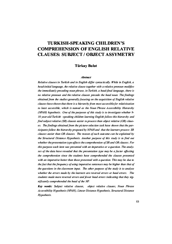 (PDF) TURKISH-SPEAKING CHILDREN'S COMPREHENSION OF ENGLISH RELATIVE ...