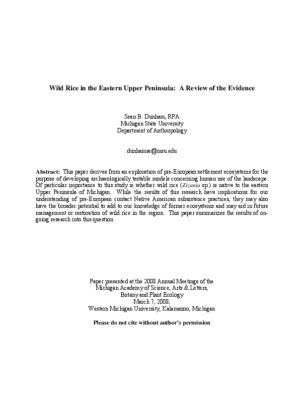 (PDF) Wild Rice in the Eastern Upper Peninsula A Review of the