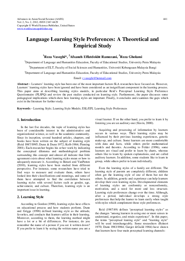 (PDF) Language Learning Style Preferences: A Theoretical and Empirical ...