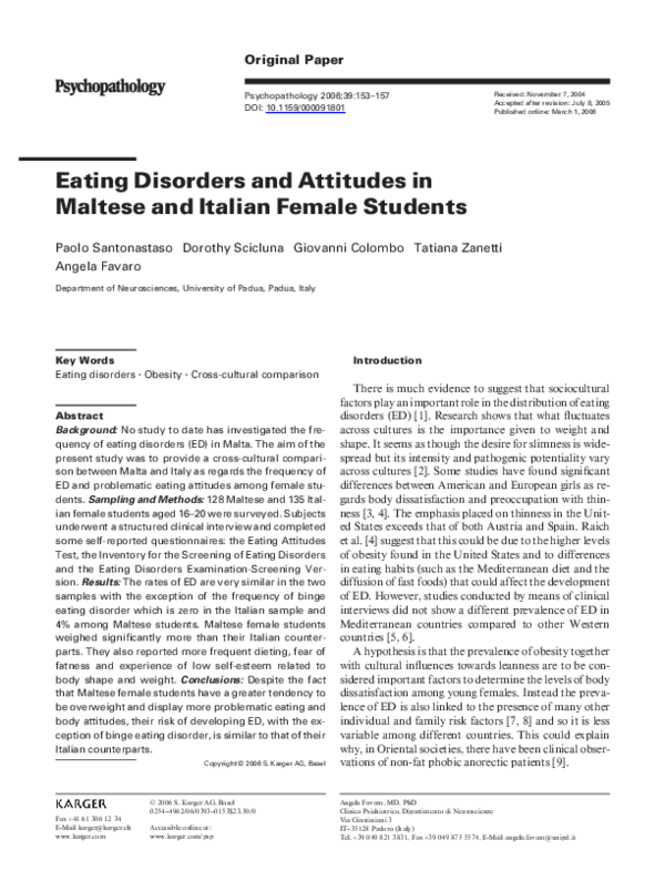(PDF) Eating disorders and attitudes in Maltese and Italian female students