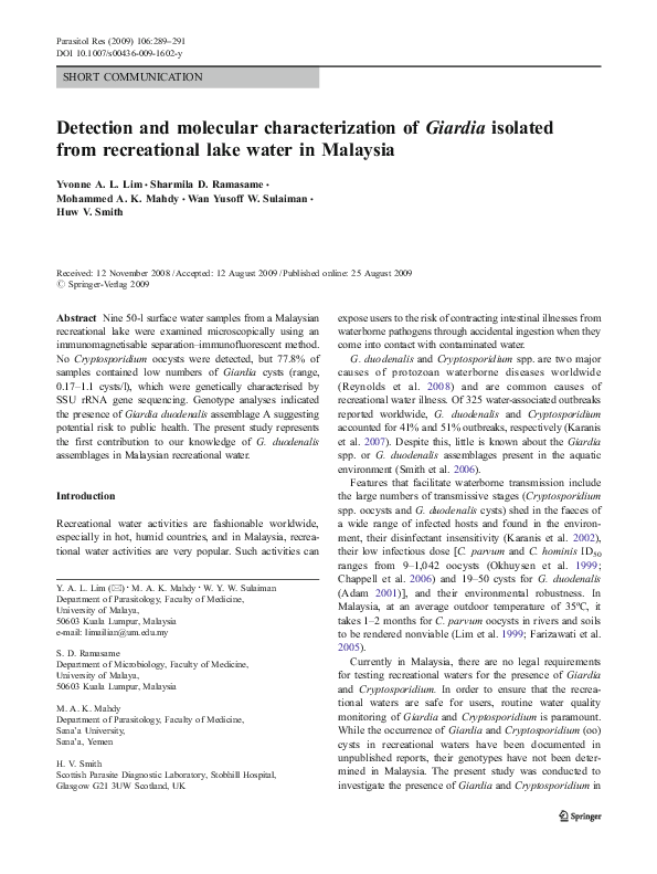 (PDF) Detection and molecular characterization of Giardia isolated from ...