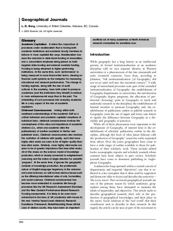 (PDF) Geographical Journals Lawrence D Berg Academia.edu