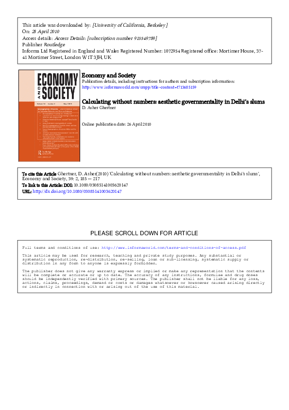 (PDF) Calculating without numbers aesthetic governmentality in Delhi's