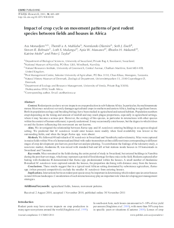 (PDF) Impact of crop cycle on movement patterns of pest rodent species ...