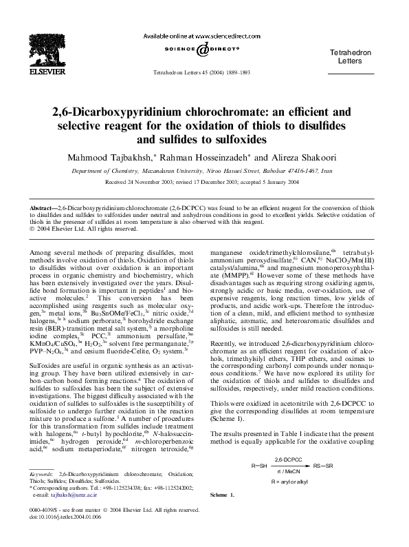 Pdf 2 6 Dicarboxypyridinium Chlorochromate An Efficient And Selective Reagent For The Oxidation Of Thiols To Disulfides And Sulfides To Sulfoxides Alireza Shakoori Academia Edu