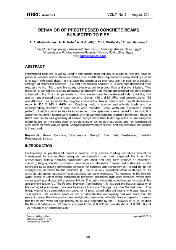 (PDF) Behavior of prestressed concrete beams subjected to fire