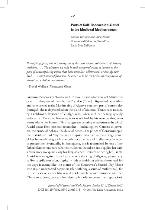 Ports of Call: Boccaccio’s Alatiel in the Medieval Mediterranean