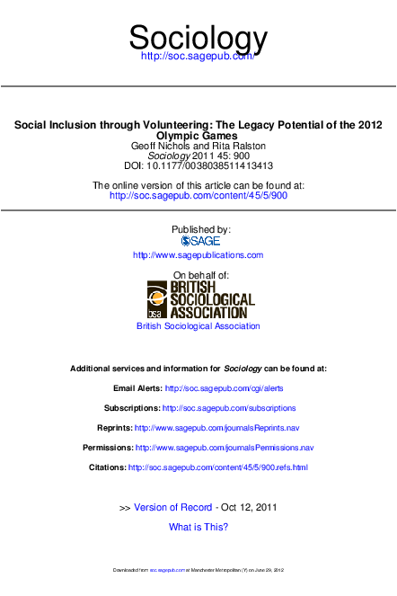 (PDF) Social inclusion through volunteering – a potential legacy of the ...