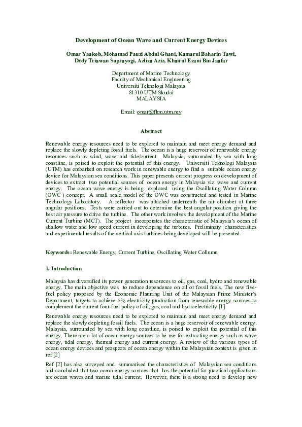 (PDF) Development of Ocean Wave and Current Energy Device Proceedings ...