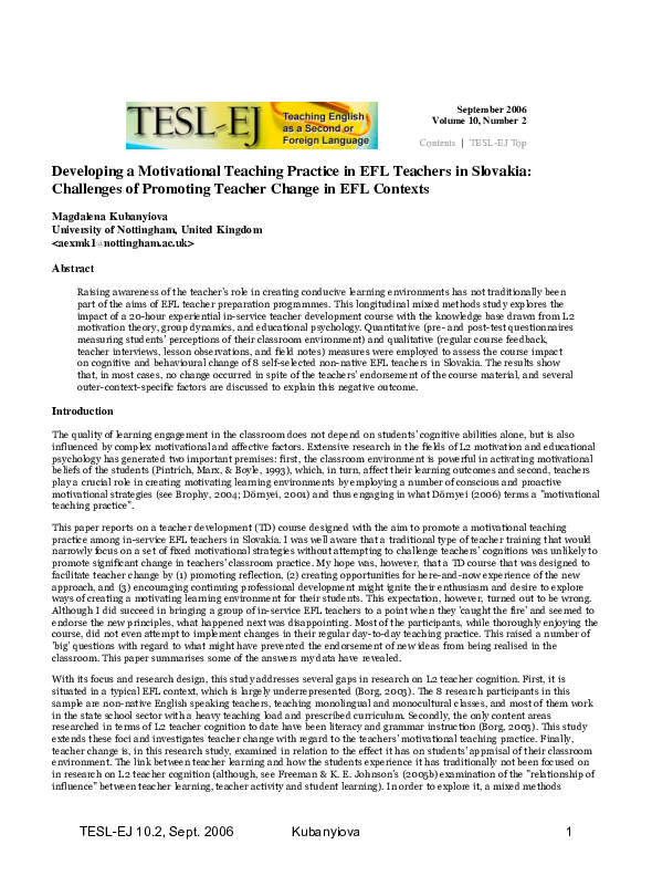(PDF) Developing a Motivational Teaching Practice in EFL Teachers in ...