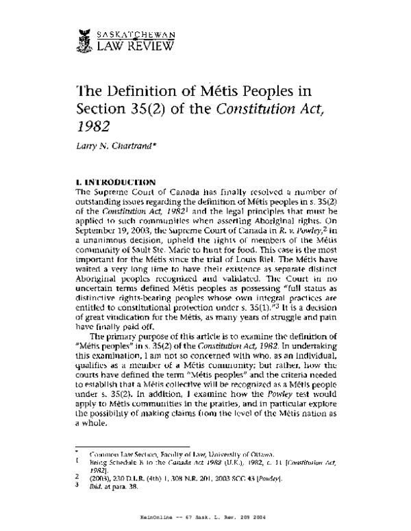 (PDF) The Definition of Métis Peoples in Section 35 (2) of the