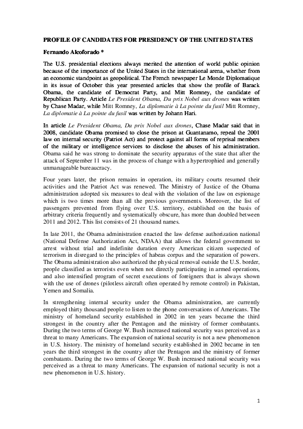 (DOC) PROFILE OF CANDIDATES FOR PRESIDENCY OF THE UNITED STATES