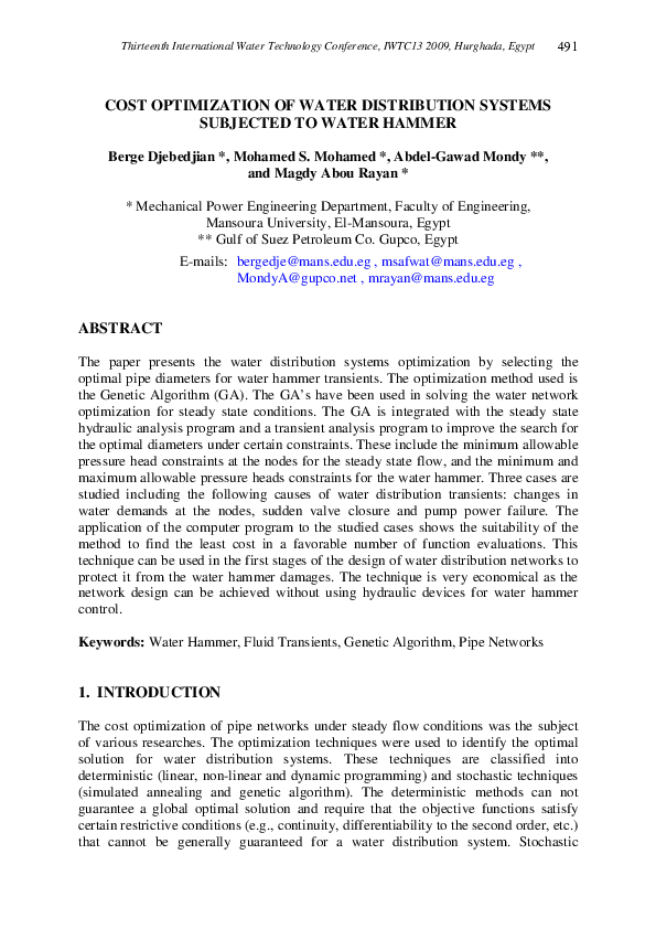 (PDF) COST OPTIMIZATION OF WATER DISTRIBUTION SYSTEMS SUBJECTED TO ...