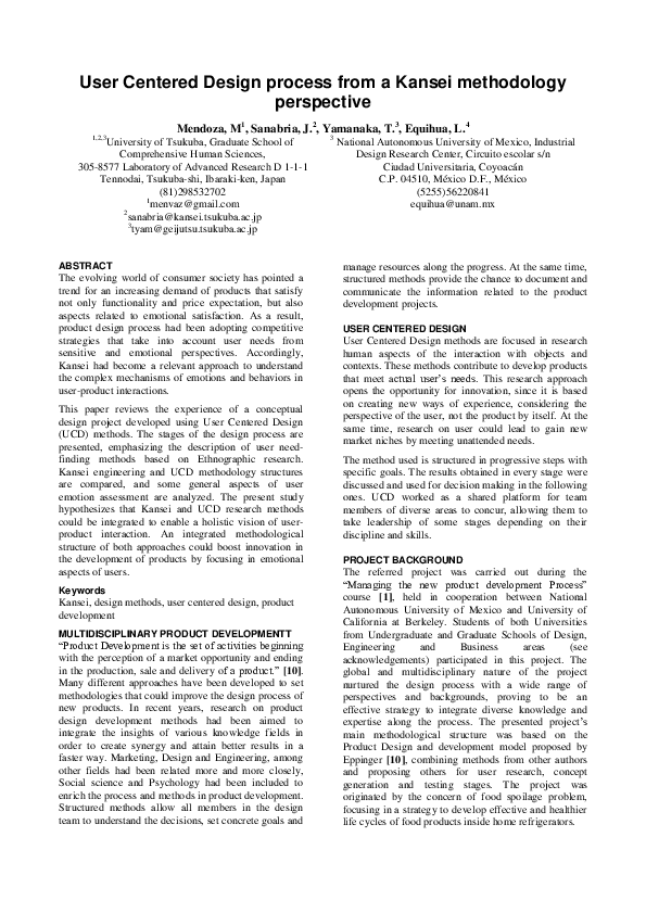 (PDF) User Centered Design Process from a Kansei Methodology Perspective