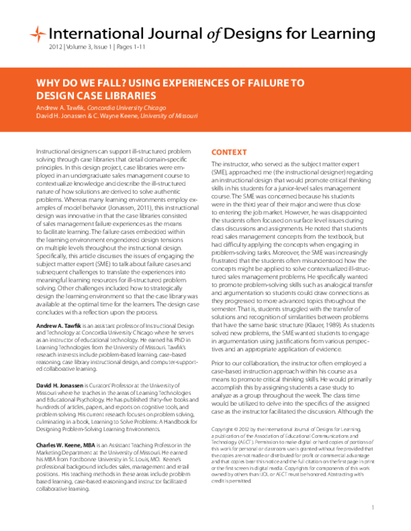 (PDF) Why Do We Fall? Using Experiences of Failure to Design Case Libraries