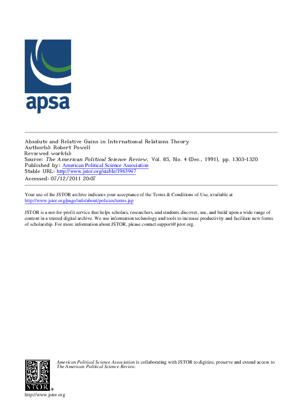 (PDF) Absolute and relative gains in international relations theory