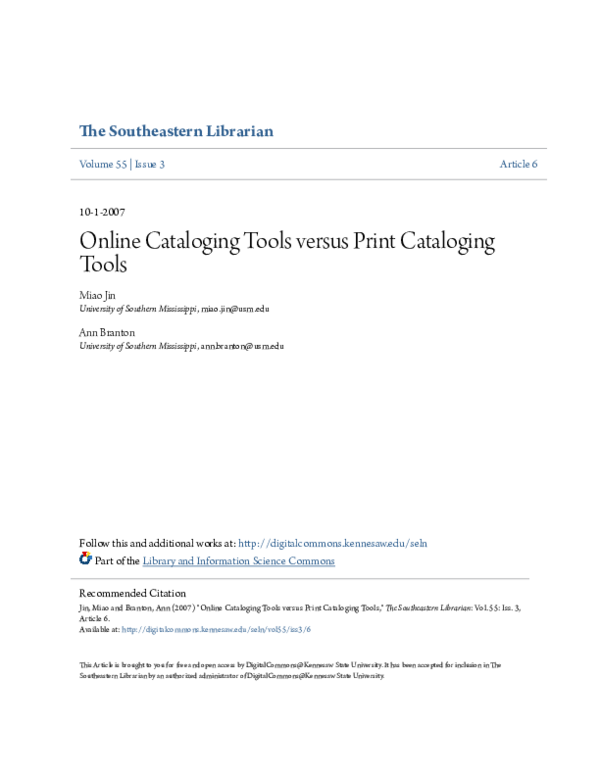 (PDF) Online Cataloging Tools versus Print Cataloging Tools Ann