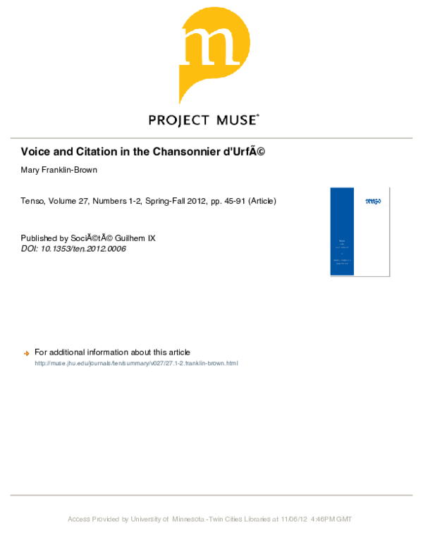 Pdf Voice And Citation In The Chansonnier D Urfe Mary Franklin Brown Academia Edu