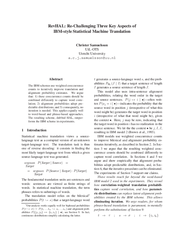 (PDF) HAL: Challenging Three Key Aspects of IBM-style Statistical ...