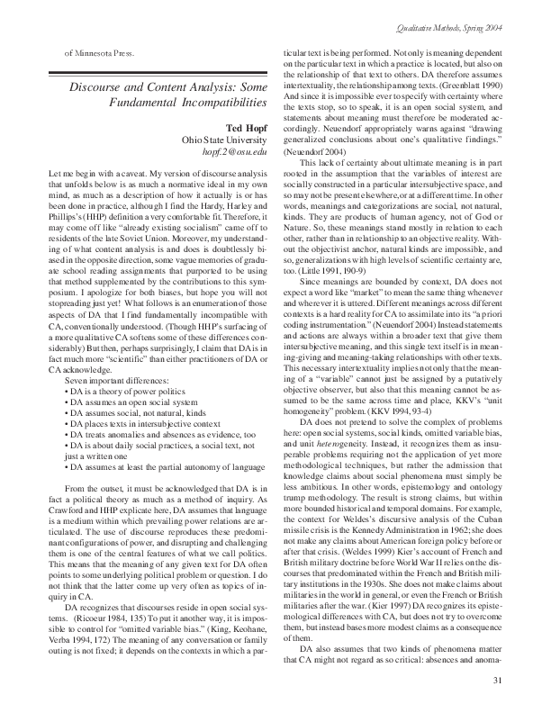 (PDF) Discourse Analsyis and Content Analysis: Fundamental ...