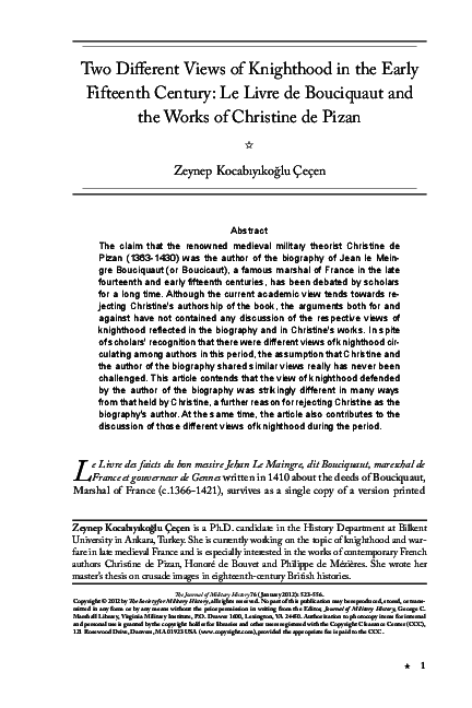 Two Different Views of Knighthood in the Early Fifteenth-Century: Le Livre de Bouciquaut and the Works of Christine de Pizan