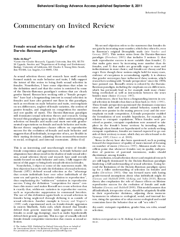 (PDF) Female sexual selection in light of the Darwin–Bateman paradigm