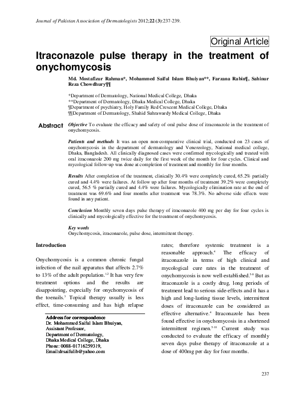 (PDF) Itraconazole pulse therapy in the treatment of onychomycosis