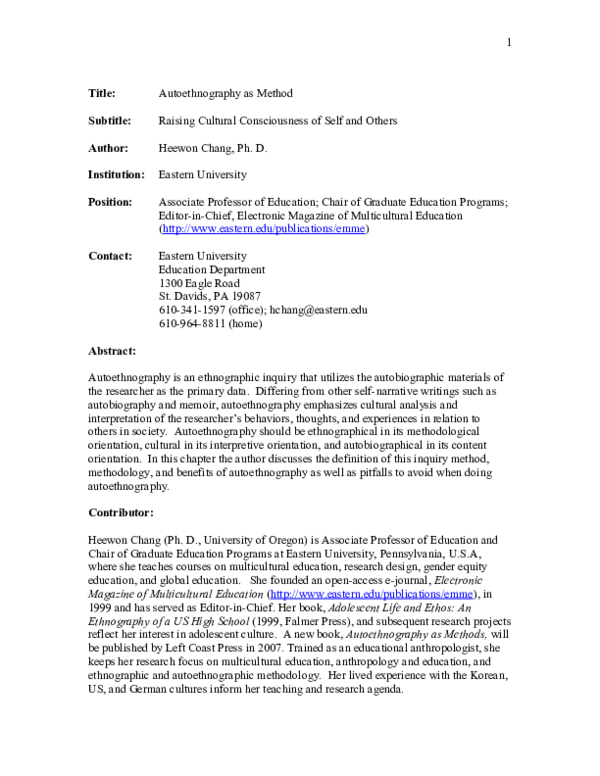 (DOC) Autoethnography as method