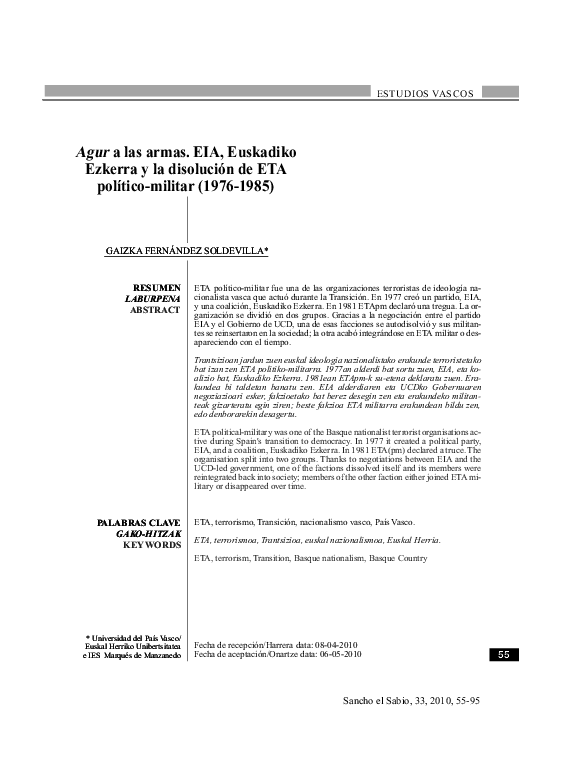 (PDF) «Agur a las armas. EIA, Euskadiko Ezkerra y la disolución de ETA