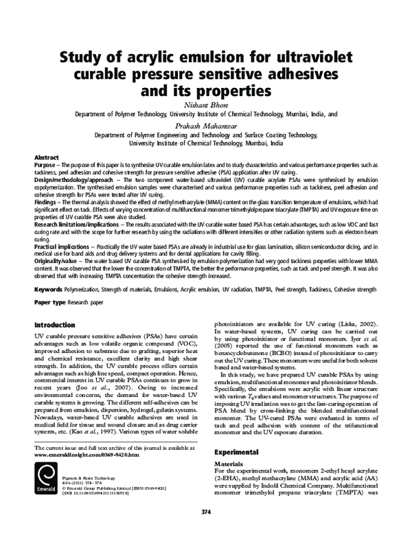 (PDF) Study of acrylic emulsion for ultraviolet curable pressure