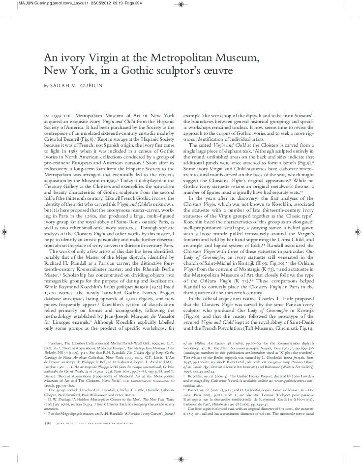 An Ivory Virgin at the Metropolitan Museum, New York, in a Gothic sculptor's oeuvre