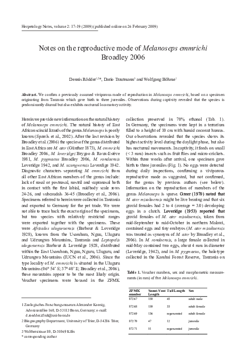 (PDF) Notes on the reproductive mode of Melanoseps emmrichi Broadley 2006