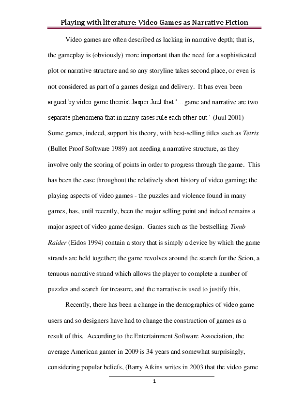 (DOC) Playing With Literature Video Games as Narrative Fiction Dawn