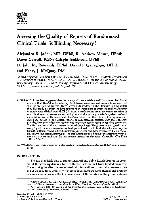 (PDF) Assessing the quality of reports of randomized clinical trials ...
