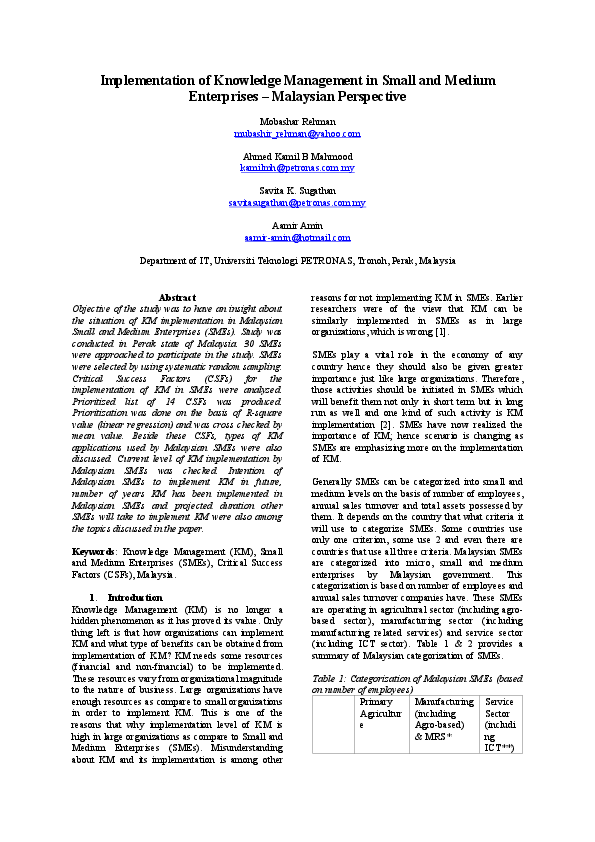 (DOC) Implementation of Knowledge Management in Small and Medium ...