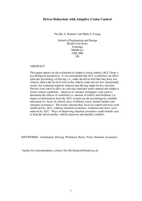 (PDF) Driver behaviour with adaptive cruise control Neville Stanton