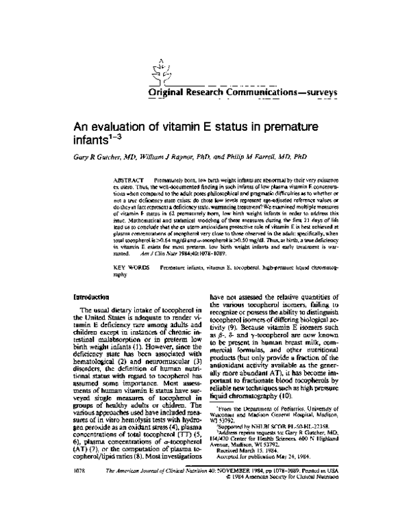 (PDF) An evaluation of vitamin E status in premature infants William