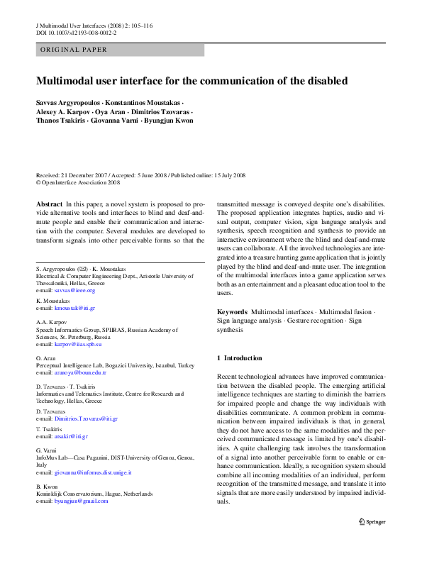 (PDF) Multimodal user interface for the communication of the disabled