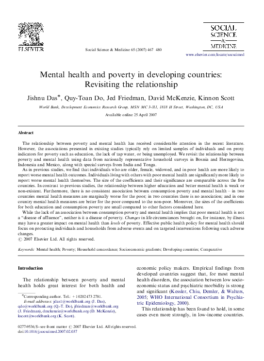 (PDF) Mental health and poverty in developing countries: Revisiting the ...