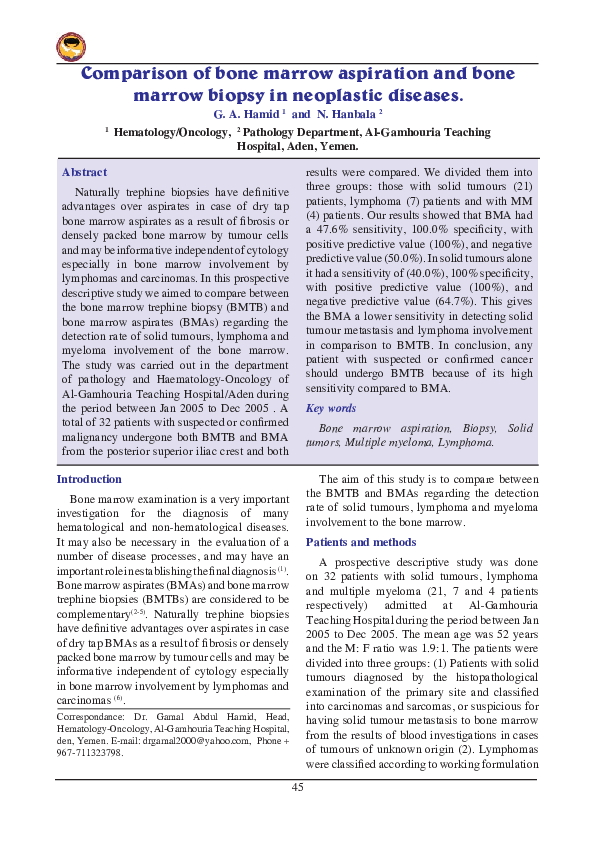 (PDF) Comparison of bone marrow aspiration and bone marrow biopsy in ...