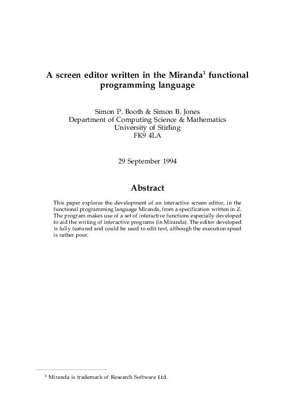 (PDF) A screen editor written in the miranda functional programming ...