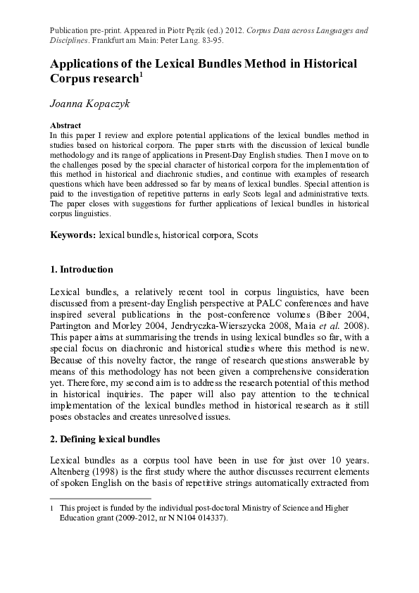 (PDF) Applications of the lexical bundles method in historical corpus ...