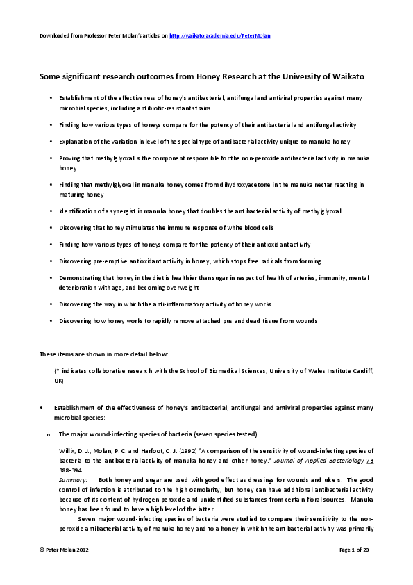 Pdf Pdf 2 Some Significant Research Outcomes From Honey Research At The University Of Waikato Peter Molan Academia Edu