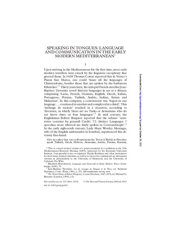 Speaking in Tongues: Multilingualism and Multicultural Communication in the Early Modern Mediterranean