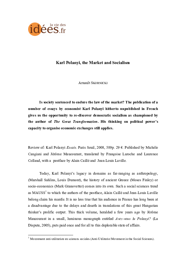 Karl Polanyi, the Market and Socialism